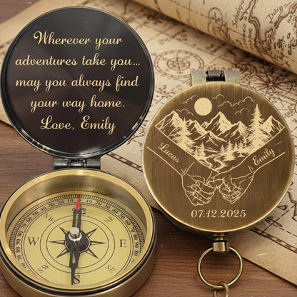 Wherever Your Adventures Take You Holding Hands Mountain Forest Scene - Personalized Engraved Brass Compass - CPL1413_ECPASS