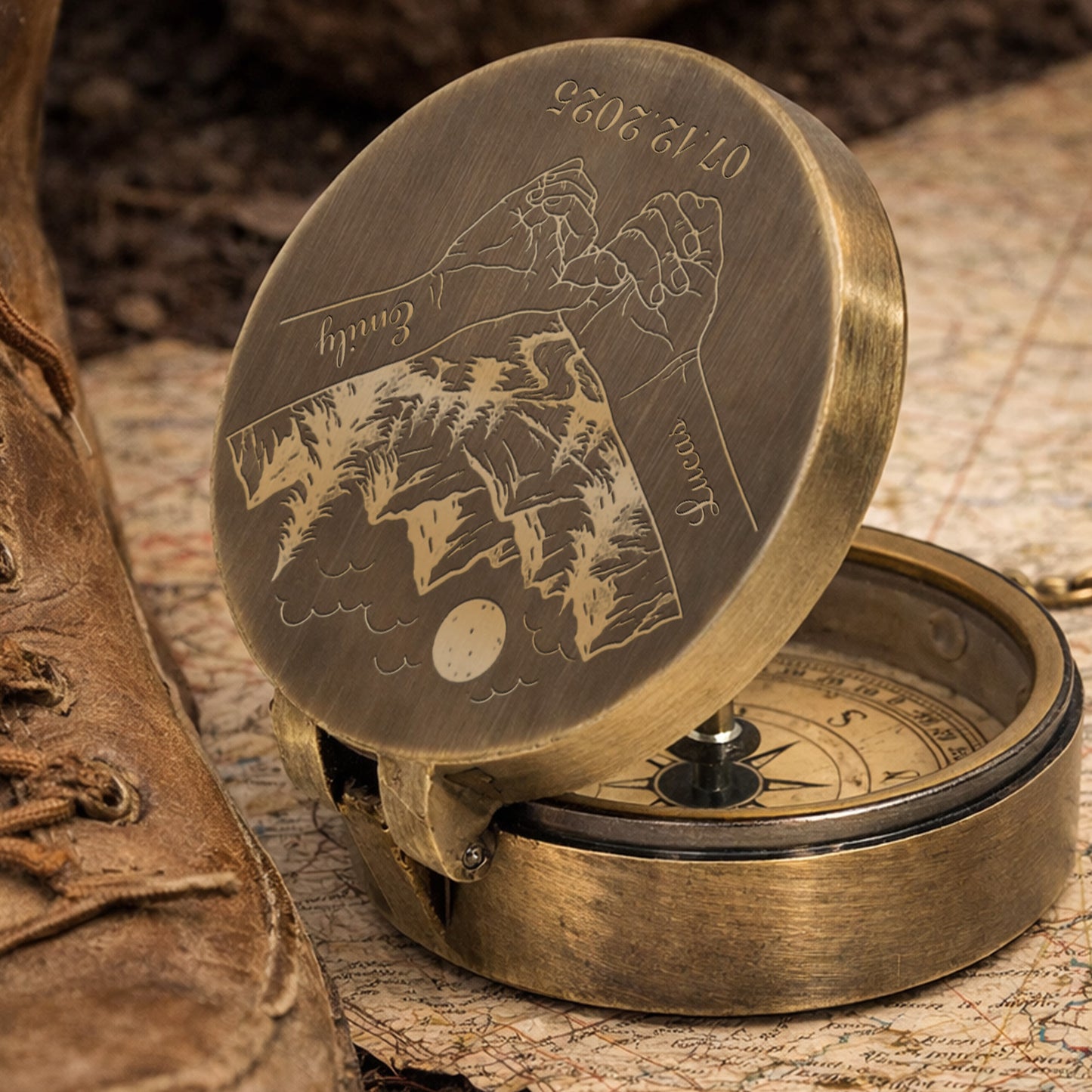 Wherever Your Adventures Take You Holding Hands Mountain Forest Scene - Personalized Engraved Brass Compass - CPL1413_ECPASS