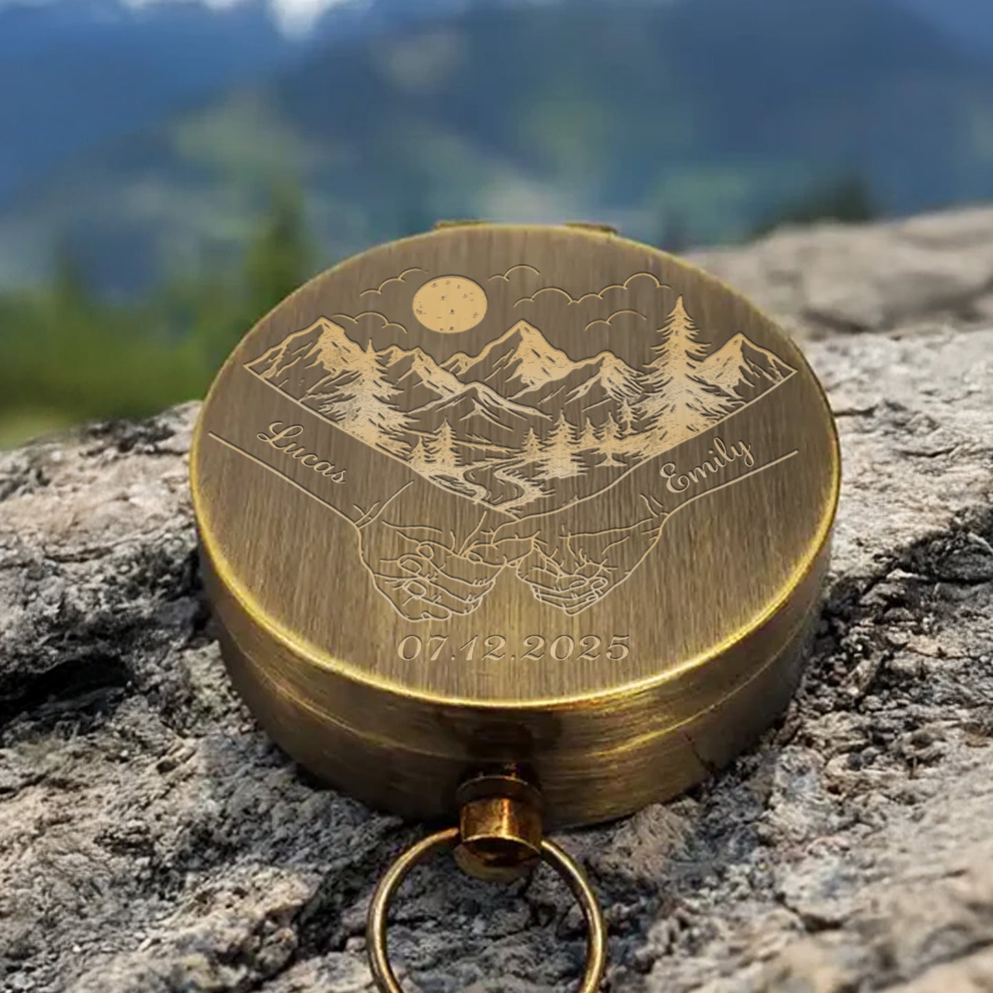 Wherever Your Adventures Take You Holding Hands Mountain Forest Scene - Personalized Engraved Brass Compass - CPL1413_ECPASS