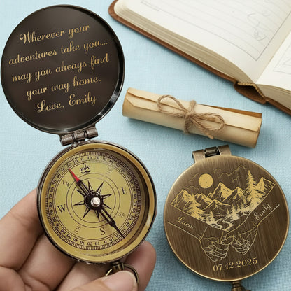 Wherever Your Adventures Take You Holding Hands Mountain Forest Scene - Personalized Engraved Brass Compass - CPL1413_ECPASS