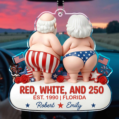 Red, White, And 250 Patriotic Couple In Stars And Stripes - Personalized Custom Acrylic Ornament, Car Hanging Ornament - CPL1442_ACA