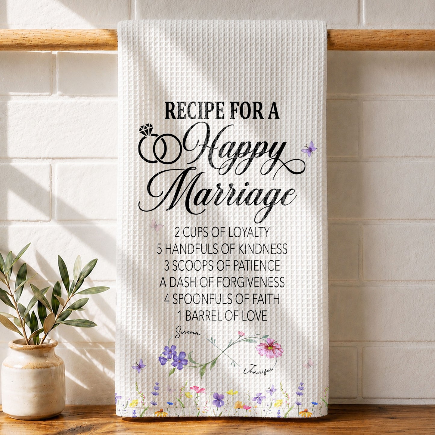 Recipe For A Happy Marriage With Wedding Rings And Wildflowers - Personalized Kitchen Towel - CPL1641_TOWL