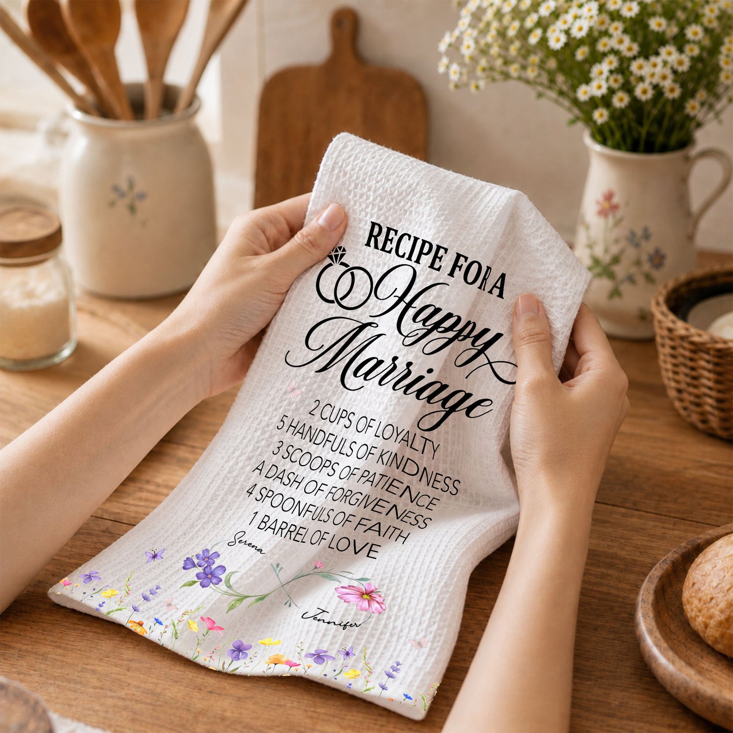 Recipe For A Happy Marriage With Wedding Rings And Wildflowers - Personalized Kitchen Towel - CPL1641_TOWL