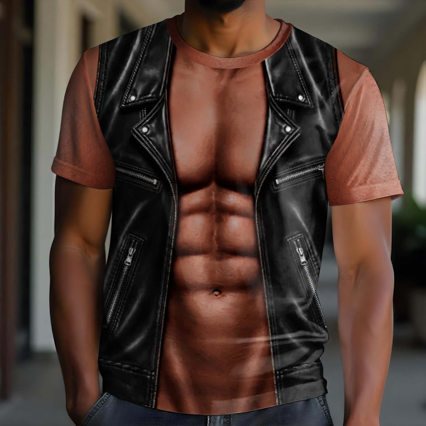 Strong And Stylish Leather Vest With Six Pack Abs Muscles - Personalized Custom Unisex All-Over Printed T-Shirt - CPL1658_3T