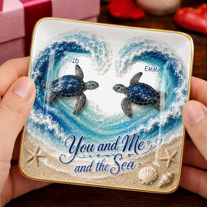 You And Me And The Sea Custom Turtles Heart Ocean Waves - Personalized Custom Jewelry Dish, Ceramic Dish, Square Shape - CPL1689_SCRF