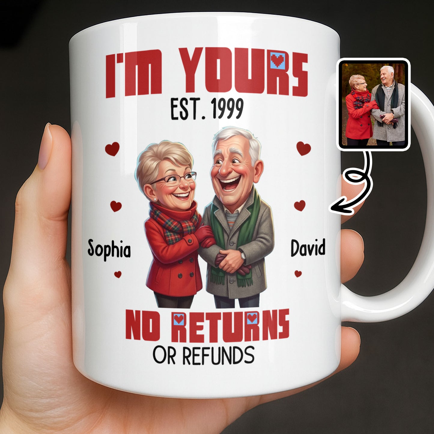 I'm Yours No Returns Or Refunds Elderly Couple And Hearts - Personalized Custom Coffee Mug - CPL1710_MG