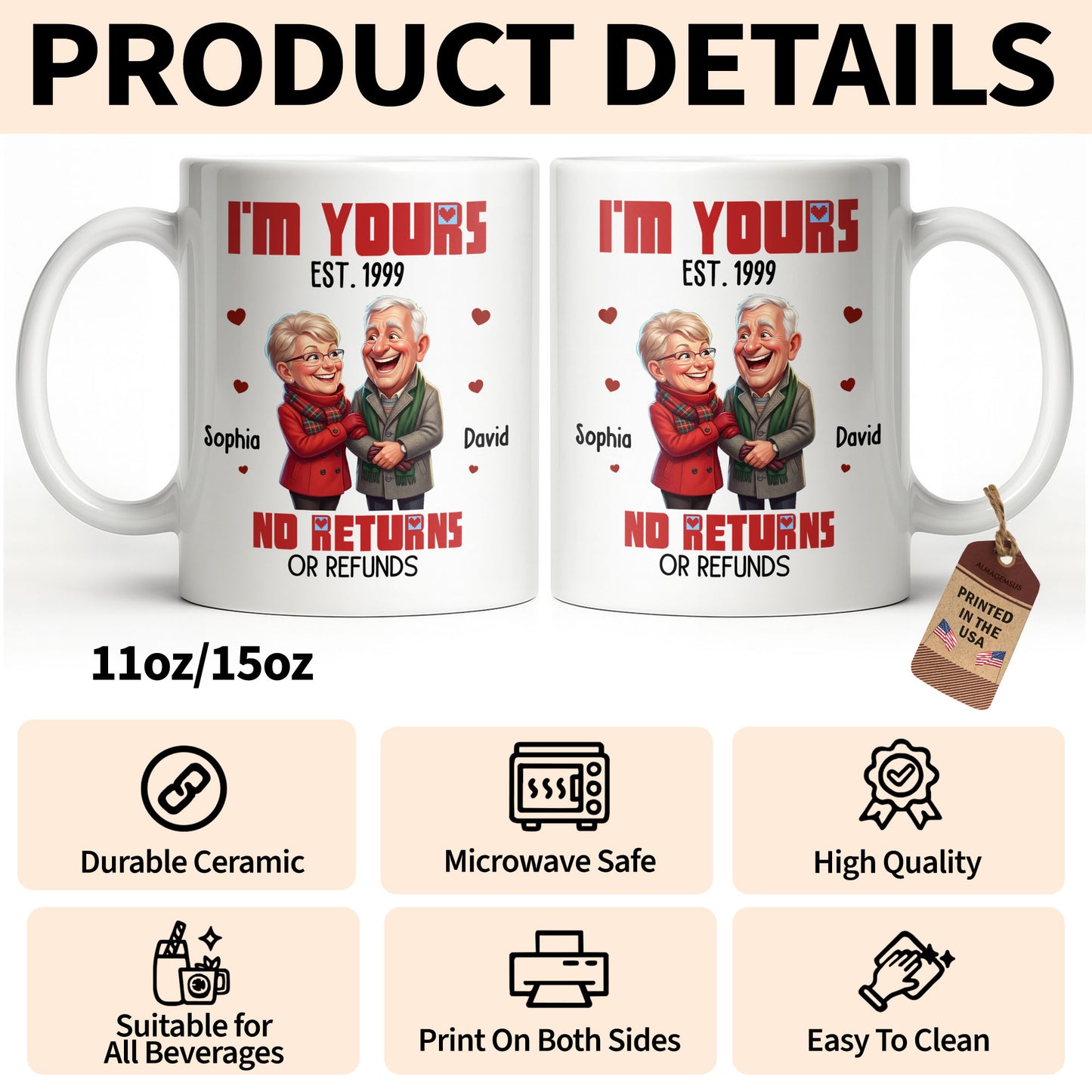 I'm Yours No Returns Or Refunds Elderly Couple And Hearts - Personalized Custom Coffee Mug - CPL1710_MG