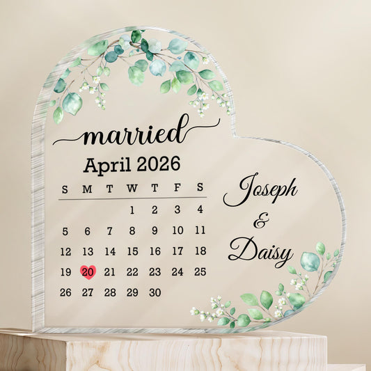 Married Custom Calendar With Greenery Eucalyptus And Flowers - Personalized Heart Shaped Acrylic Plaque - CPL1725_HAP