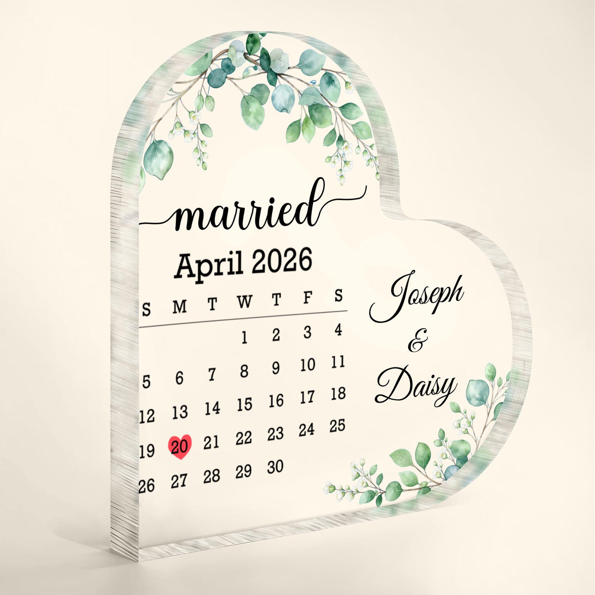 Married Custom Calendar With Greenery Eucalyptus And Flowers - Personalized Heart Shaped Acrylic Plaque - CPL1725_HAP
