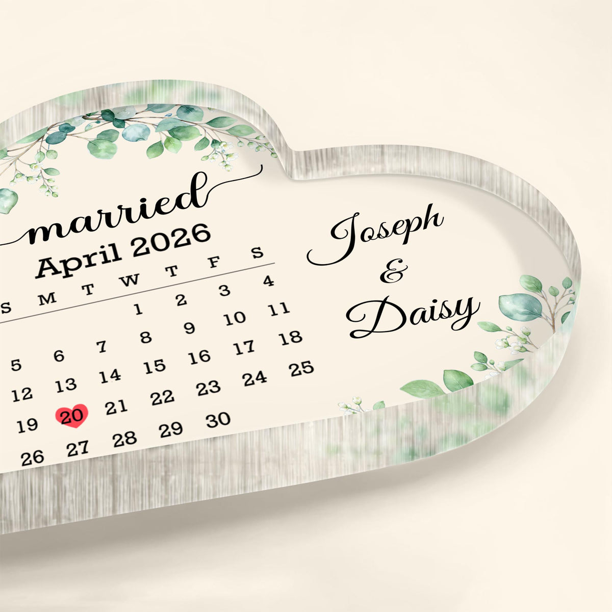 Married Custom Calendar With Greenery Eucalyptus And Flowers - Personalized Heart Shaped Acrylic Plaque - CPL1725_HAP