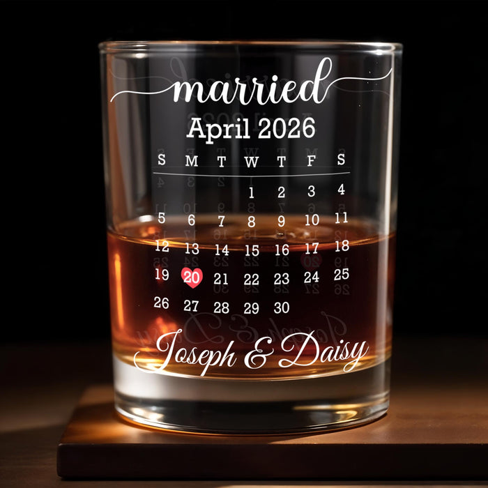 Married Custom Calendar With Heart Wedding Anniversary Design - Personalized Custom Whiskey Glass - CPL1725_RWG