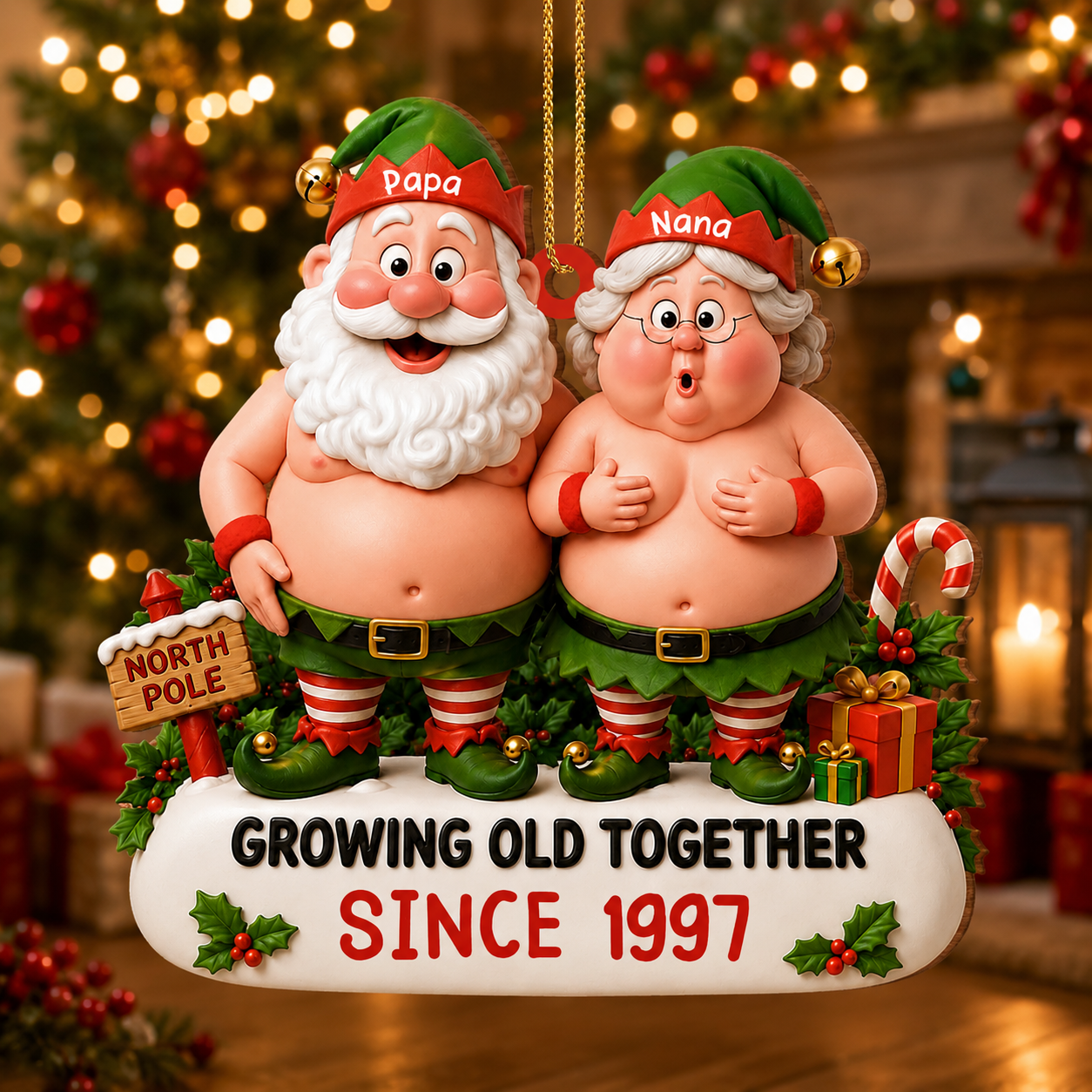 Growing Old Together Since Elf Couple North Pole - Personalized Custom Wood Ornament, Custom Shaped - CPL1736_WDO