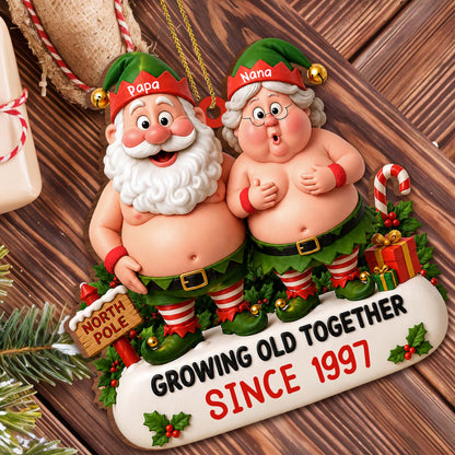 Growing Old Together Since Elf Couple North Pole - Personalized Custom Wood Ornament, Custom Shaped - CPL1736_WDO