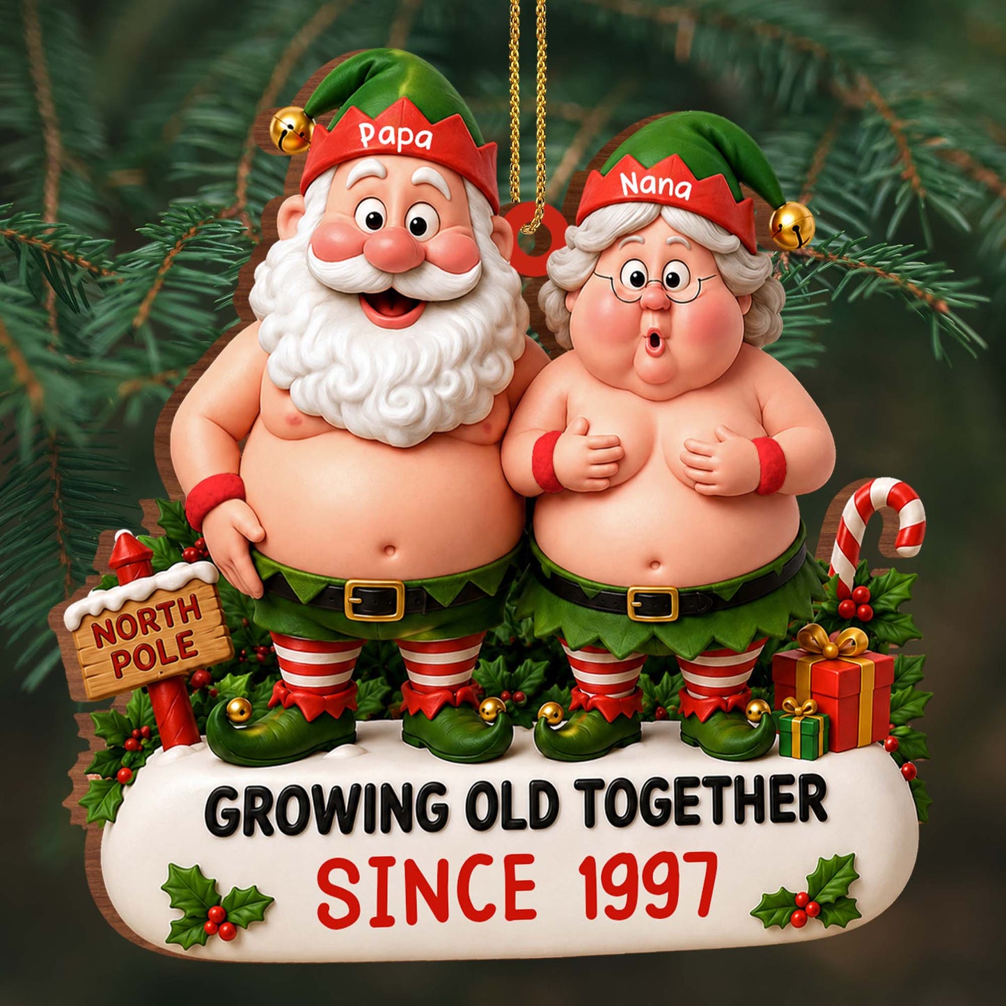 Growing Old Together Since Elf Couple North Pole - Personalized Custom Wood Ornament, Custom Shaped - CPL1736_WDO