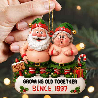 Growing Old Together Since Elf Couple North Pole - Personalized Custom Wood Ornament, Custom Shaped - CPL1736_WDO