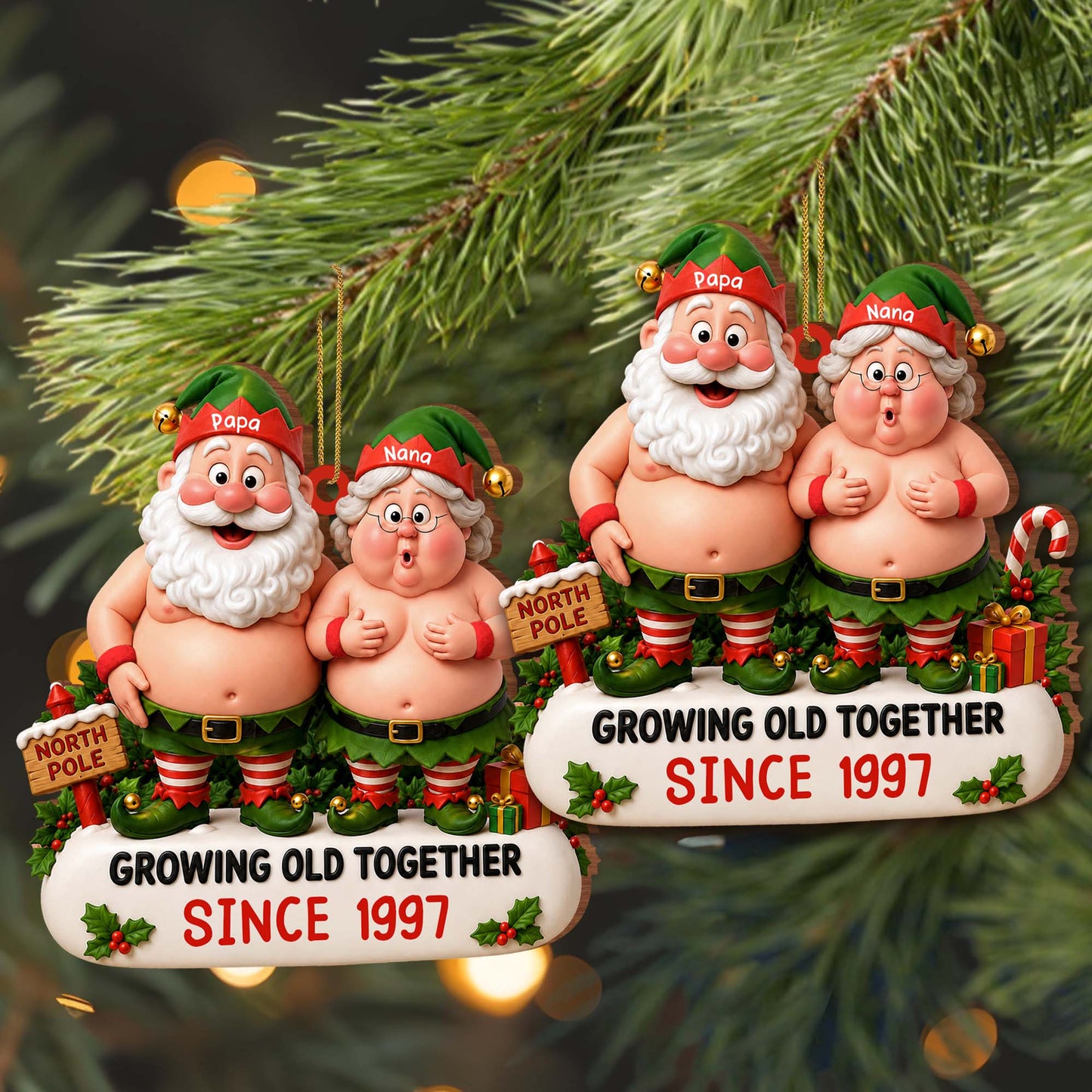 Growing Old Together Since Elf Couple North Pole - Personalized Custom Wood Ornament, Custom Shaped - CPL1736_WDO