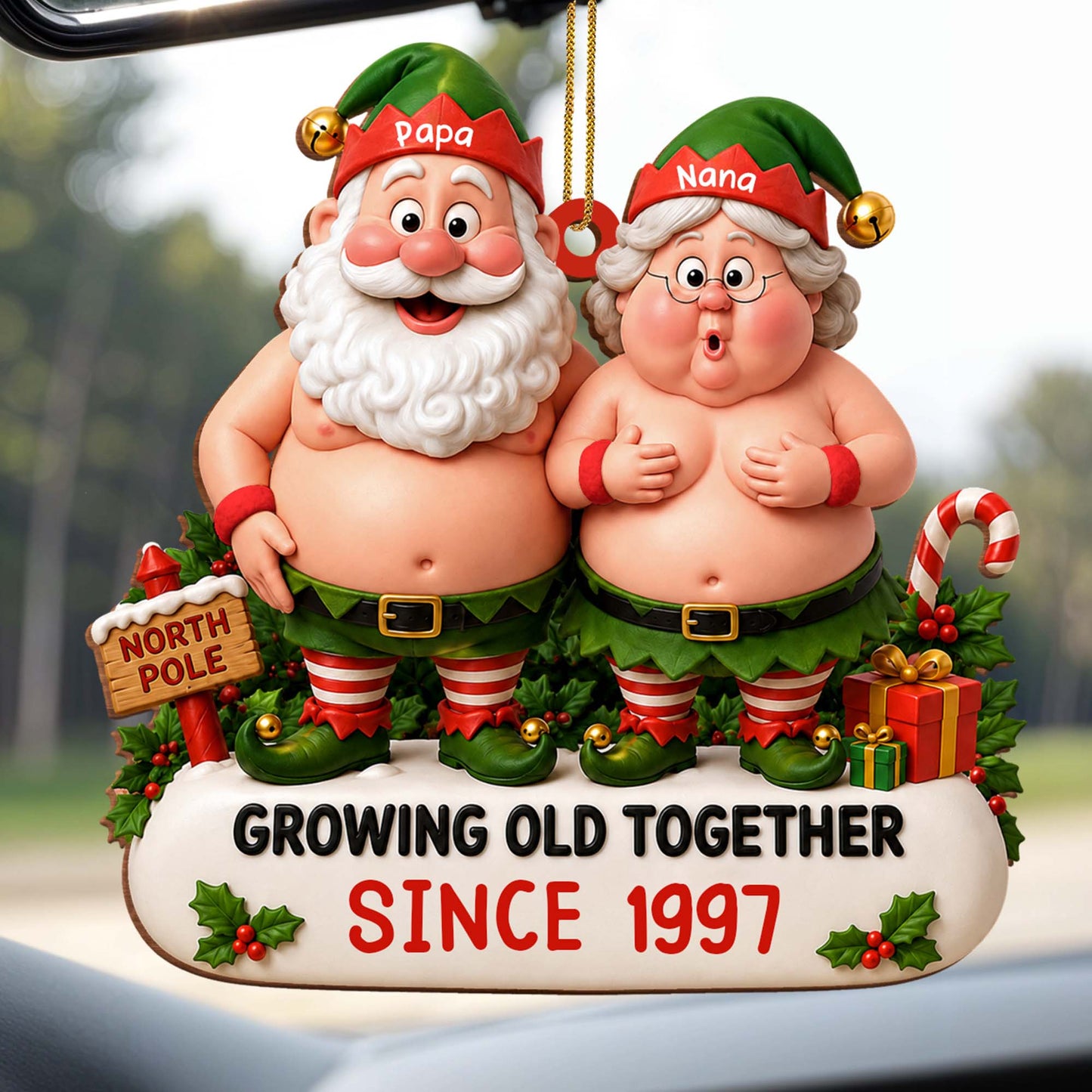 Growing Old Together Since Elf Couple North Pole - Personalized Custom Wood Ornament, Custom Shaped - CPL1736_WDO