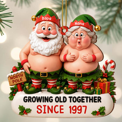 Growing Old Together Since Elf Couple North Pole - Personalized Custom Wood Ornament, Custom Shaped - CPL1736_WDO