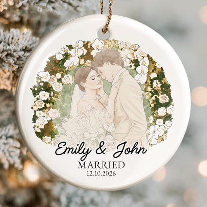 Married Couple With Floral Wreath And Wedding Illustration - Personalized Custom Ceramic Ornament With Round Shape - CPL1762_RCE