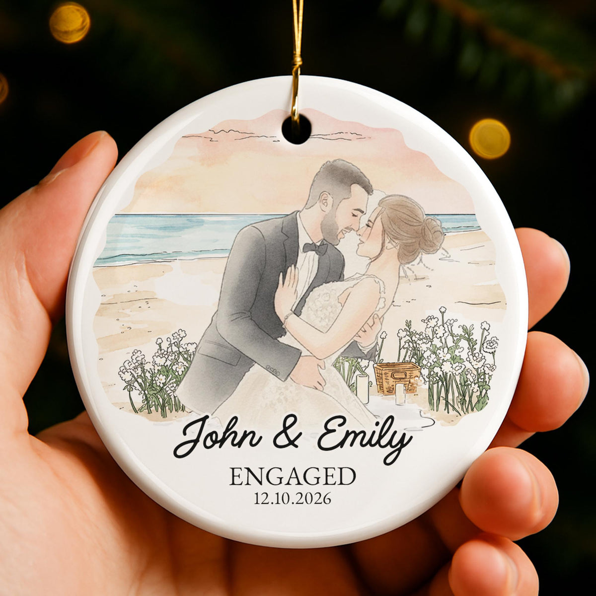 Married Couple With Floral Wreath And Wedding Illustration - Personalized Custom Ceramic Ornament With Round Shape - CPL1762_RCE