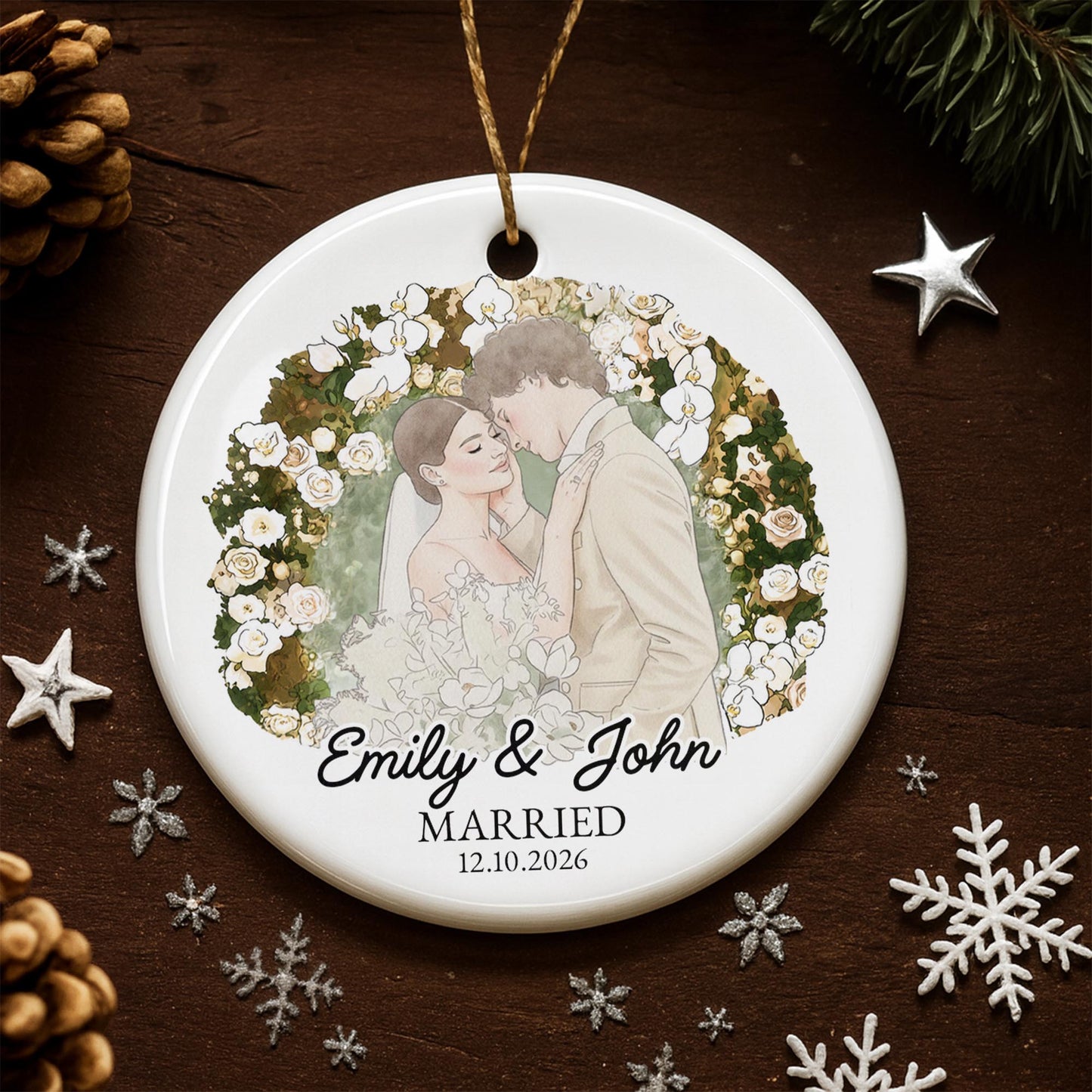 Married Couple With Floral Wreath And Wedding Illustration - Personalized Custom Ceramic Ornament With Round Shape - CPL1762_RCE
