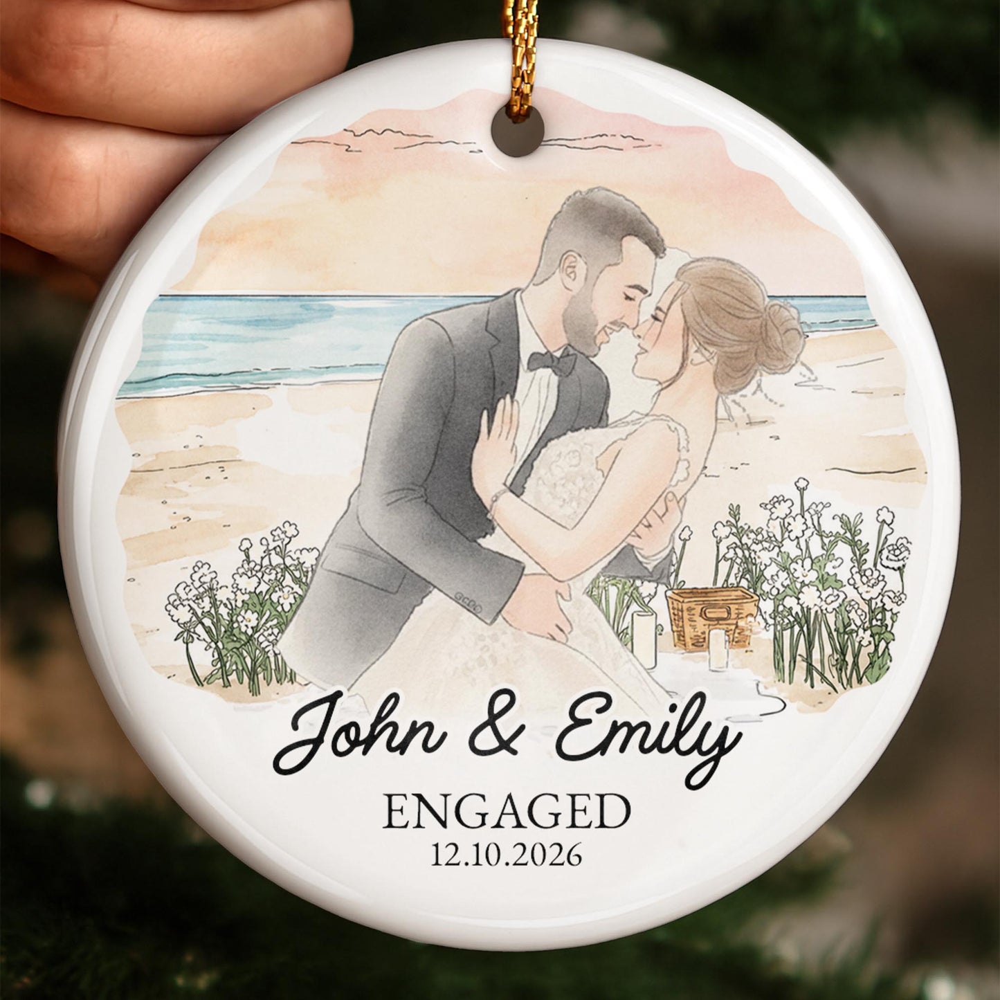 Married Couple With Floral Wreath And Wedding Illustration - Personalized Custom Ceramic Ornament With Round Shape - CPL1762_RCE