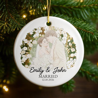 Married Couple With Floral Wreath And Wedding Illustration - Personalized Custom Ceramic Ornament With Round Shape - CPL1762_RCE
