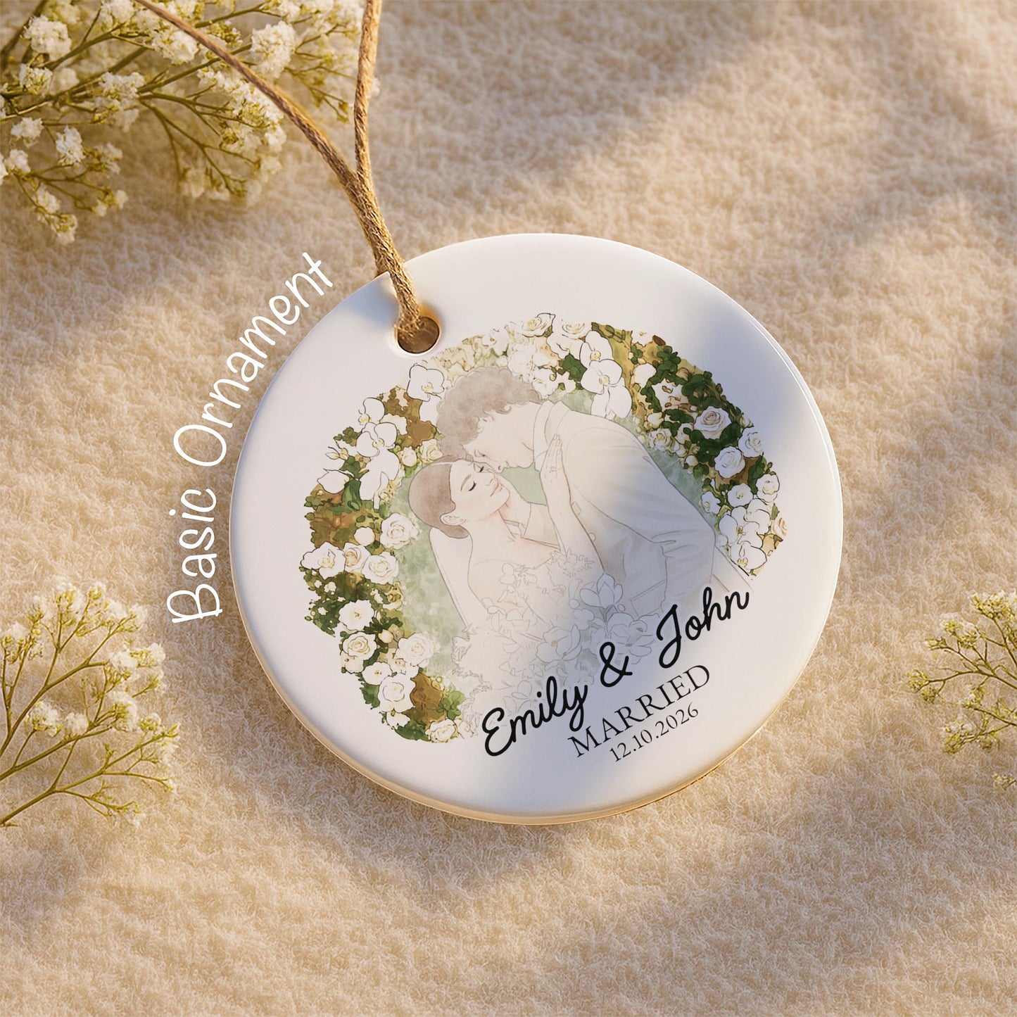 Married Couple With Floral Wreath And Wedding Illustration - Personalized Custom Ceramic Ornament With Round Shape - CPL1762_RCE