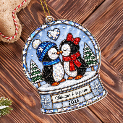 Our First Christmas As A Couple Penguins Snow Globe And Heart - Personalized Custom Acrylic Ornament, Christmas Gift - CPL1774_ACO