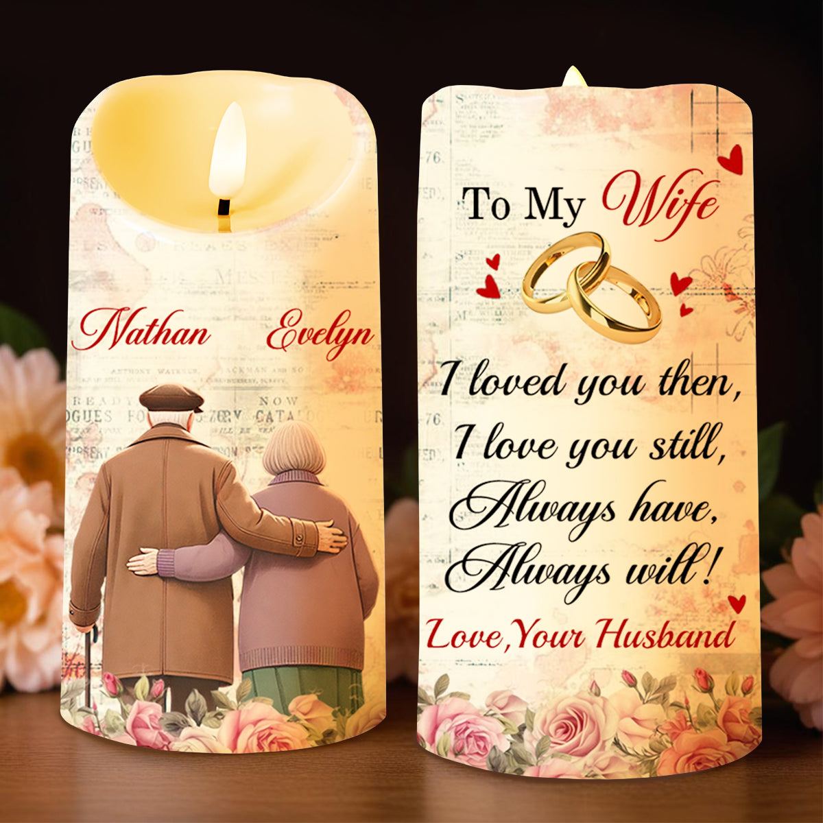I Loved You Then, I Love You Still Romantic Candle With Rings And Roses