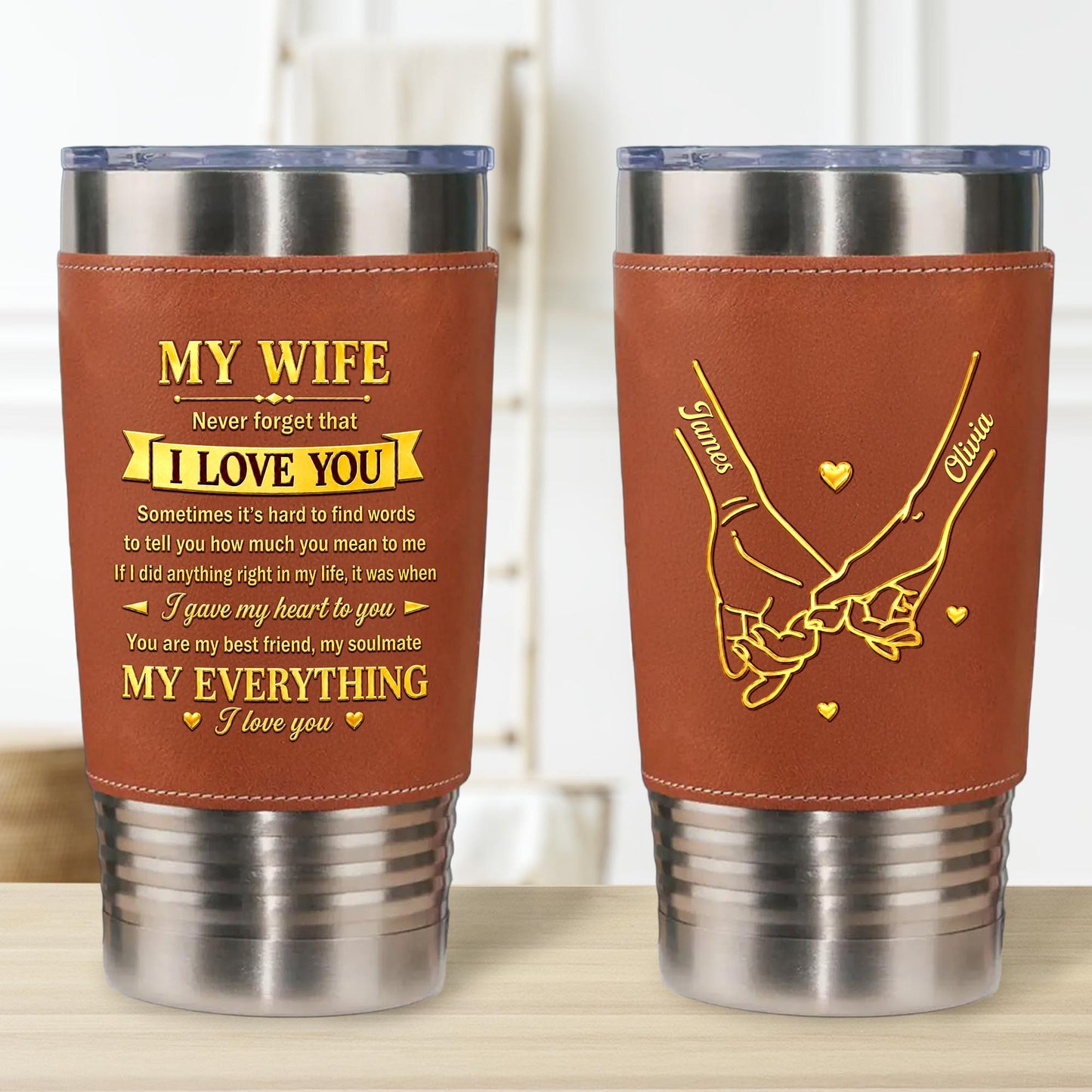 My Husband Never Forget That I Love You Holding Hands Pinky Promise - Personalized Custom Leather Tumbler - CPL1798_LTB