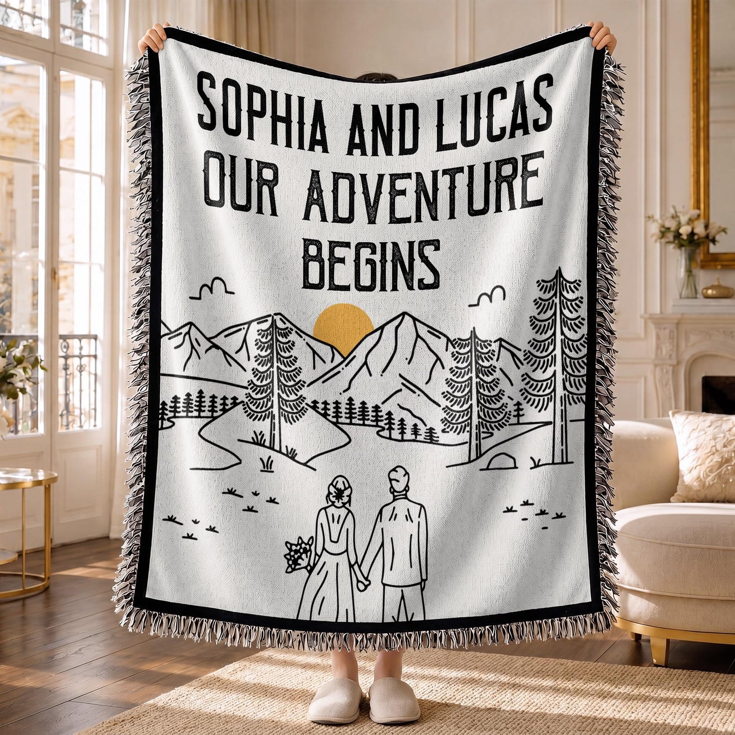 Our Adventure Begins Mountain Landscape Couple - Personalized Woven Blanket - CPL1799_WOBLK