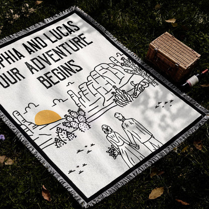 Our Adventure Begins Mountain Landscape Couple - Personalized Woven Blanket - CPL1799_WOBLK