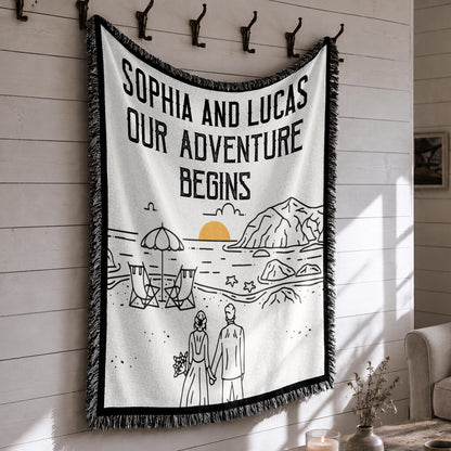 Our Adventure Begins Mountain Landscape Couple - Personalized Woven Blanket - CPL1799_WOBLK