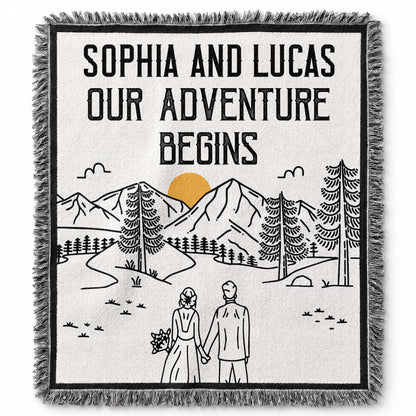 Our Adventure Begins Mountain Landscape Couple - Personalized Woven Blanket - CPL1799_WOBLK