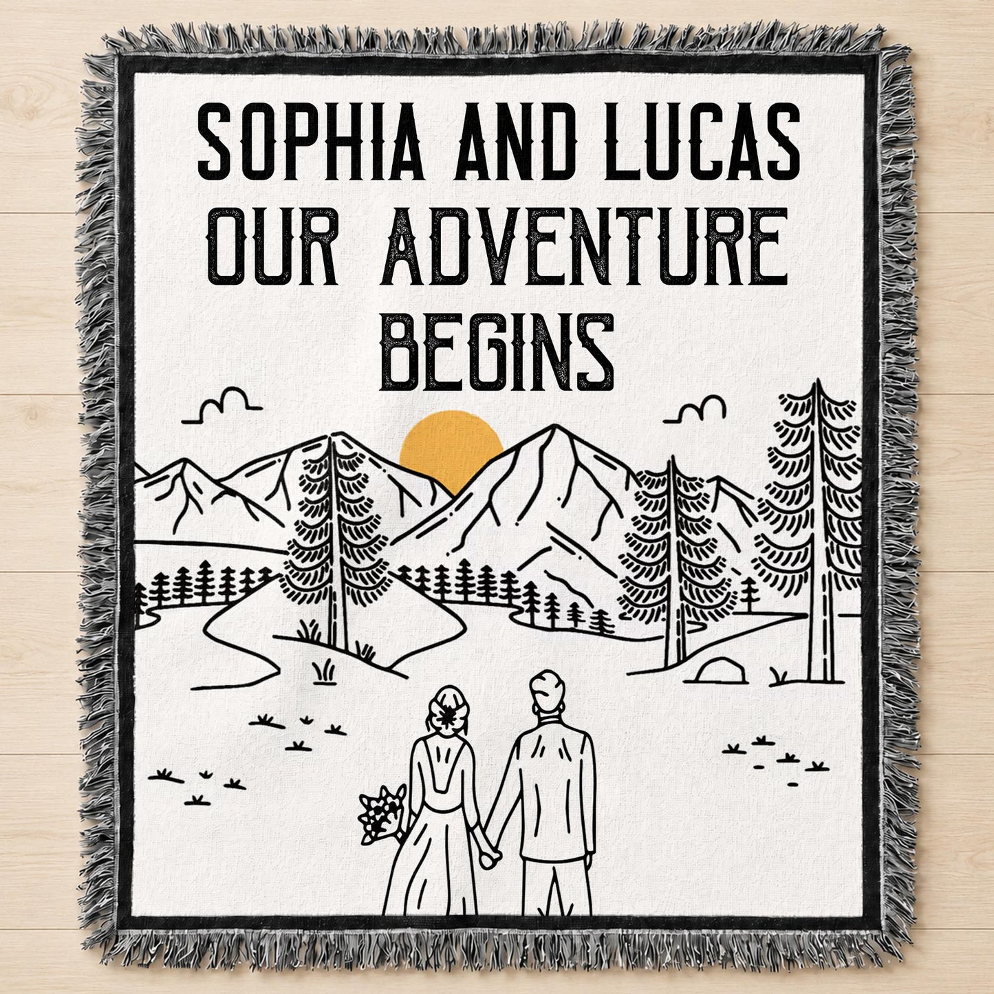 Our Adventure Begins Mountain Landscape Couple - Personalized Woven Blanket - CPL1799_WOBLK
