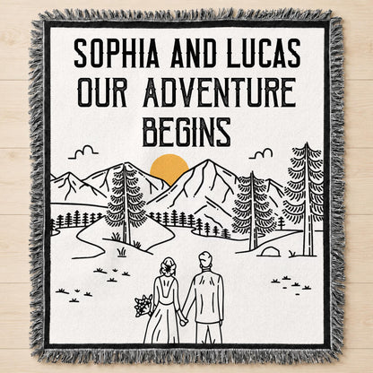 Our Adventure Begins Mountain Landscape Couple - Personalized Woven Blanket - CPL1799_WOBLK