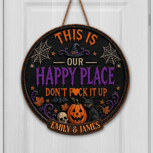 This Is Our Happy Place Pumpkin And Black Cat Halloween Design - Personalized Custom Shaped Wood Sign - CPL1838_WSIGN