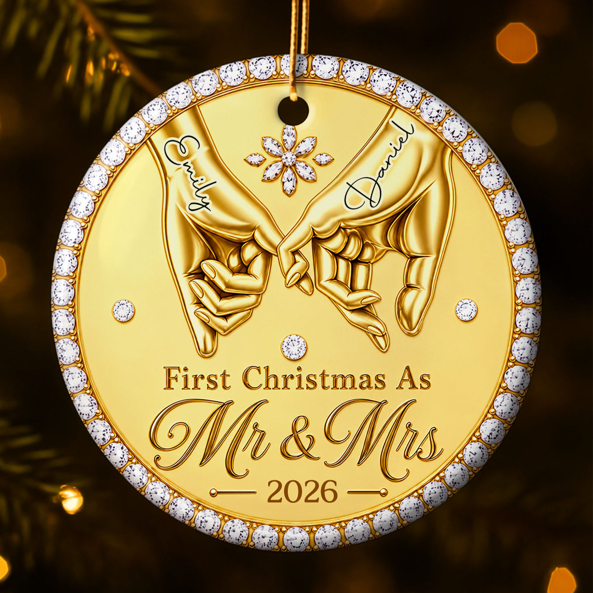 First Christmas As Mr & Mrs Pinky Promise Hands With Rhinestones - Personalized Custom Ceramic Ornament With Round Shape - CPL1866_RCE