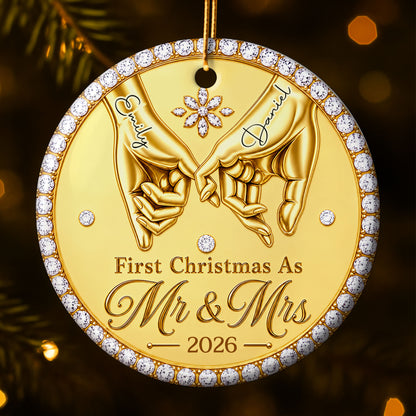 First Christmas As Mr & Mrs Pinky Promise Hands With Rhinestones - Personalized Custom Ceramic Ornament With Round Shape - CPL1866_RCE