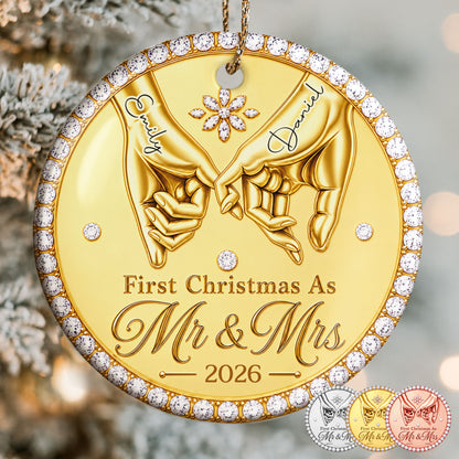 First Christmas As Mr & Mrs Pinky Promise Hands With Rhinestones - Personalized Custom Ceramic Ornament With Round Shape - CPL1866_RCE