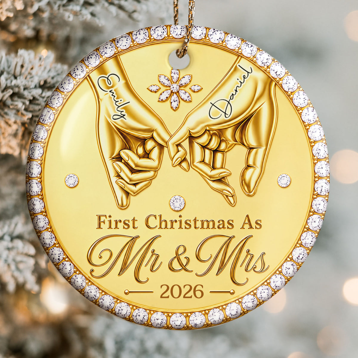 First Christmas As Mr & Mrs Pinky Promise Hands With Rhinestones - Personalized Custom Ceramic Ornament With Round Shape - CPL1866_RCE