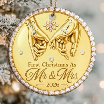 First Christmas As Mr & Mrs Pinky Promise Hands With Rhinestones - Personalized Custom Ceramic Ornament With Round Shape - CPL1866_RCE