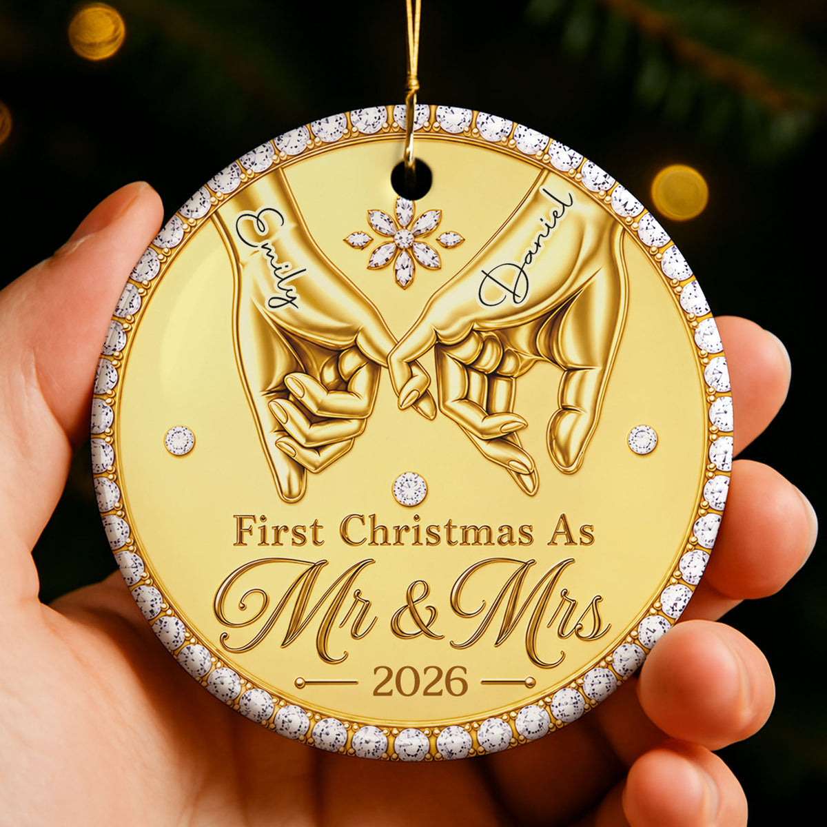 First Christmas As Mr & Mrs Pinky Promise Hands With Rhinestones - Personalized Custom Ceramic Ornament With Round Shape - CPL1866_RCE