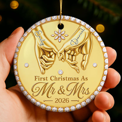 First Christmas As Mr & Mrs Pinky Promise Hands With Rhinestones - Personalized Custom Ceramic Ornament With Round Shape - CPL1866_RCE