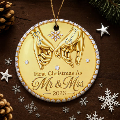 First Christmas As Mr & Mrs Pinky Promise Hands With Rhinestones - Personalized Custom Ceramic Ornament With Round Shape - CPL1866_RCE