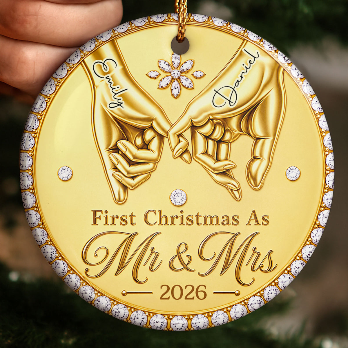 First Christmas As Mr & Mrs Pinky Promise Hands With Rhinestones - Personalized Custom Ceramic Ornament With Round Shape - CPL1866_RCE