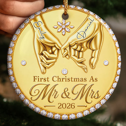First Christmas As Mr & Mrs Pinky Promise Hands With Rhinestones - Personalized Custom Ceramic Ornament With Round Shape - CPL1866_RCE