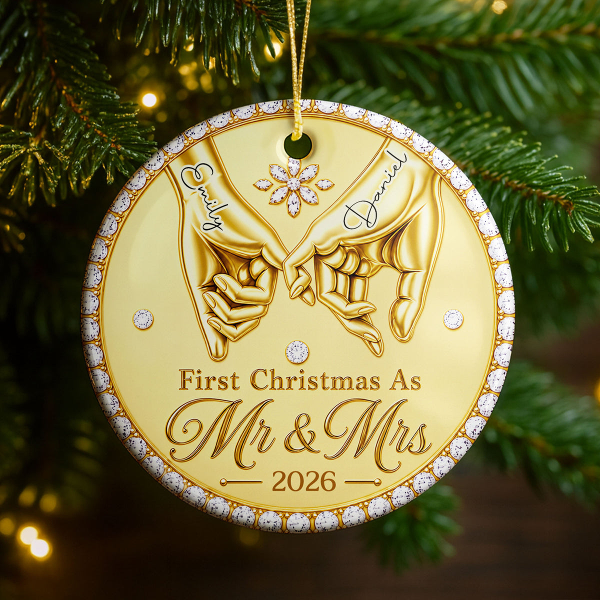 First Christmas As Mr & Mrs Pinky Promise Hands With Rhinestones - Personalized Custom Ceramic Ornament With Round Shape - CPL1866_RCE