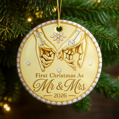 First Christmas As Mr & Mrs Pinky Promise Hands With Rhinestones - Personalized Custom Ceramic Ornament With Round Shape - CPL1866_RCE